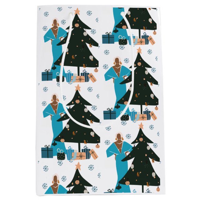 Sacola Para Presentes Média Saco de Presente de Natal Menina Preta Cabelo Bran (Frente)