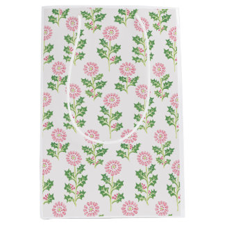 Sacola Para Presentes Média Saco de Presente de Natal Pink Daisy e Holly Branc