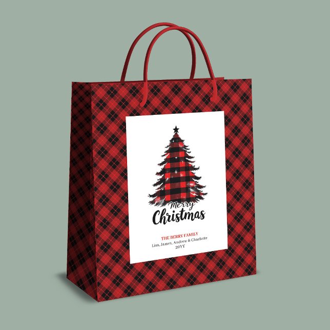 Sacola Para Presentes Média Saco de presente de Natal xadrez vermelho rústico  (Rustic red black tartan Christmas gift bag custom)