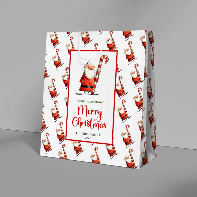 Sacola Para Presentes Média Saco de presente de Papai Noel engraçado clássico  (Classic funny Santa gift bag red green celebration

)