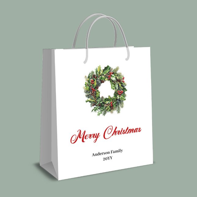 Sacola Para Presentes Média Saco de presente de pinheiro clássico personalizad (Classic pine wreath gift bag personalized for you)