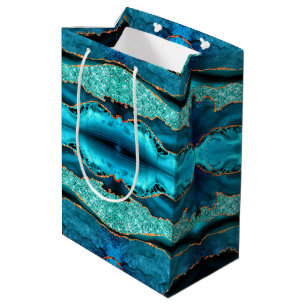 Sacola Para Presentes Média Saco de Presente do Mármaco Dourado Azul Teal