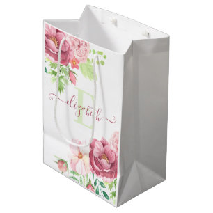 Sacola Para Presentes Média Saco de presente floral com monograma em aquarela