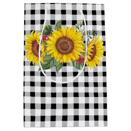 Sacola Para Presentes Média Saco de Presente Floral Gingham Preto e Girassóis