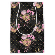 Saco de Presente Floral Rosa, Preto e Dourado