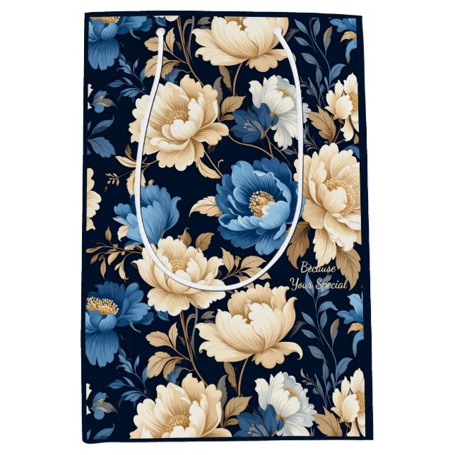 Sacola Para Presentes Média Saco de Presente Flores Vitorianas Azuis (Frente)