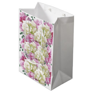 Sacola Para Presentes Média Saco de Presente Médio com Flores de Peônia Rosa e