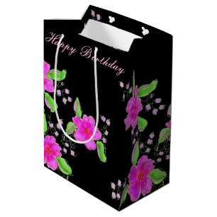 Sacola Para Presentes Média Saco de presente preto com flores cor-de-rosa médi