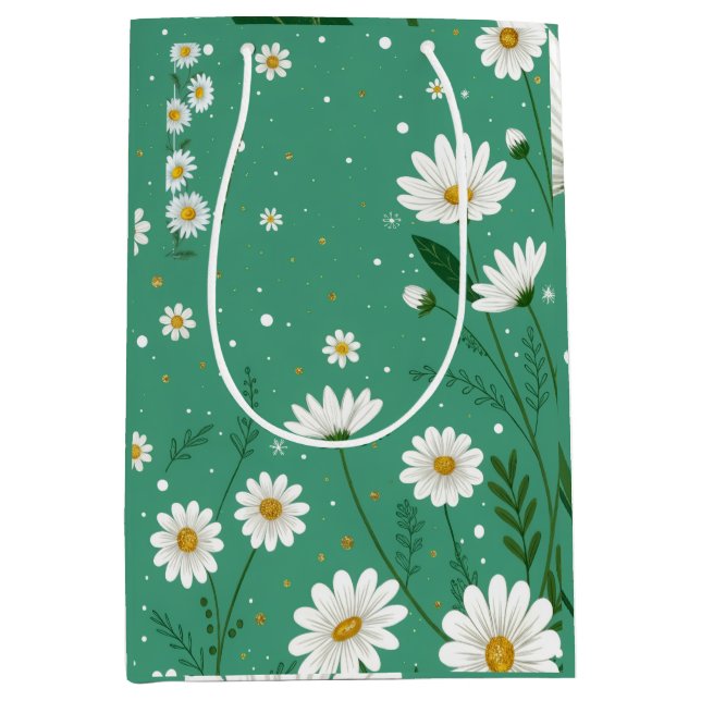 Sacola Para Presentes Média Saco de Presente Verde Sage Botânico Wild Daisy (Frente)