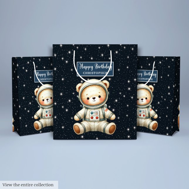 Sacola Para Presentes Média Saco de presentes personalizado com tema de astron (Custom Boy Gift Bag with Teddy Astronaut Theme)