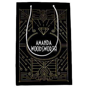 Sacola Para Presentes Média Saco preto e Dourado do vintage do art deco do