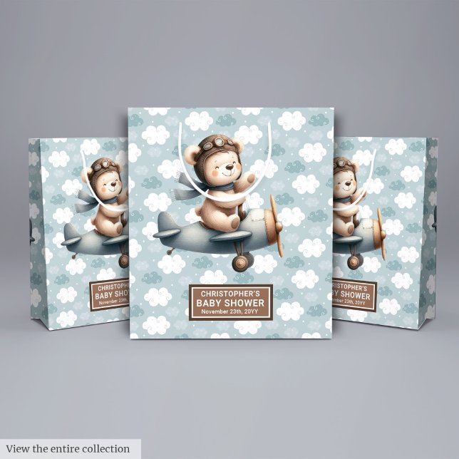 Sacola Para Presentes Média Saco Rustic Blue Chá de fraldas Gift com Piloto Ur (Rustic Blue Baby Shower Gift Bag With Bear Pilot)