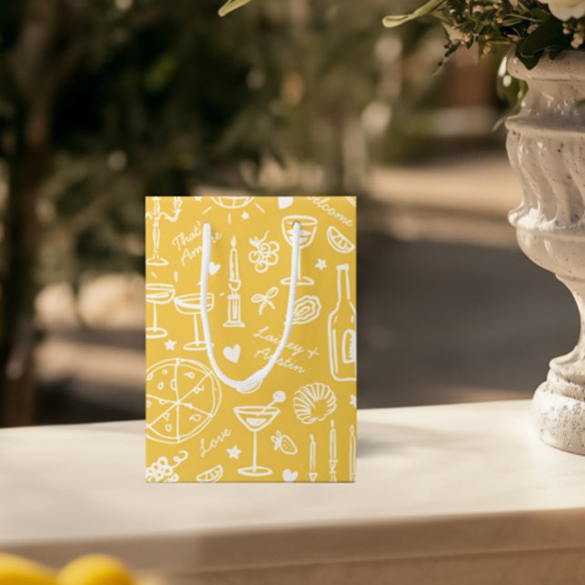 Sacola Para Presentes Média Sacos de boas-vindas ilustrados de casamentos feit (Hand-Drawn Illustrated Wedding Welcome Gift Bags)