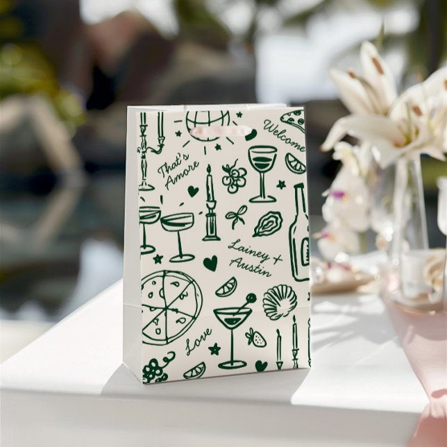 Sacola Para Presentes Média Sacos de boas-vindas ilustrados de casamentos feit (Hand-Drawn Illustrated Wedding Welcome Gift Bags)