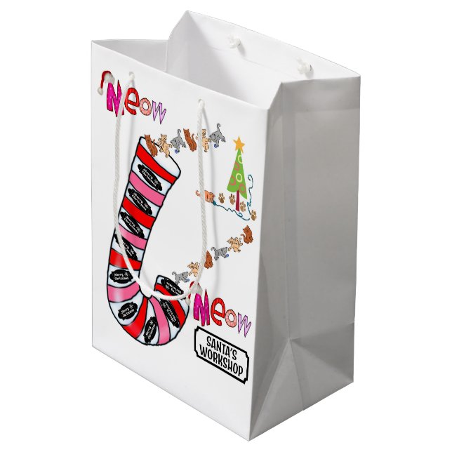 Sacola Para Presentes Média Sacos de Presente de Natal Meow Merry Elf (Verso inclinado)
