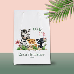 Sacola Para Presentes Média Safari Animais do Zoológico Selvagem Rosa Um Anive