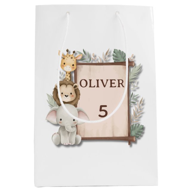 Sacola Para Presentes Média Safari Gift Bag, Oliver's 5th Birthday Present Bag (Frente)