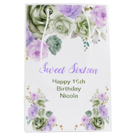 Sacola Para Presentes Média Sage Green and Purple Floral Sweet Sixteen