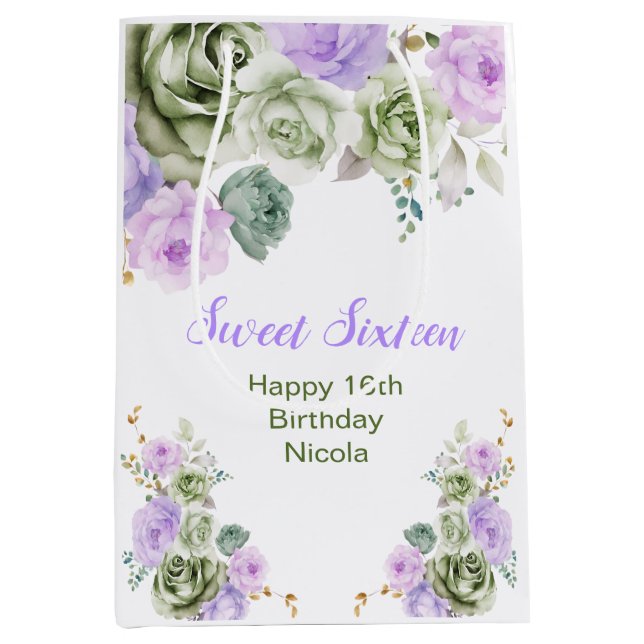 Sacola Para Presentes Média Sage Green and Purple Floral Sweet Sixteen (Frente)