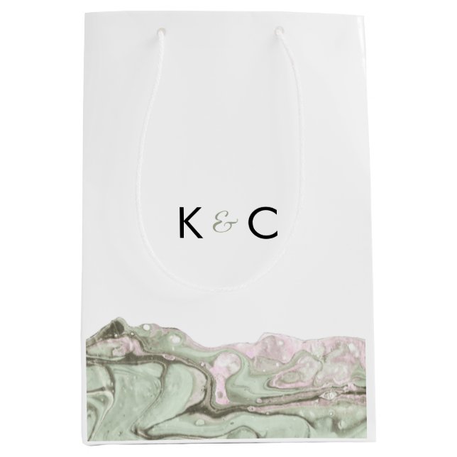 Sacola Para Presentes Média Sage Green e Blush Mínimo de Mármore Rosa (Frente)