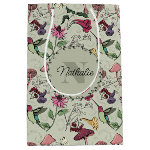 Sacola Para Presentes Média Sage Green Primavera Garden Hummingbird Floral