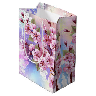 Sacola Para Presentes Média Sakura rosa no fundo da pintura