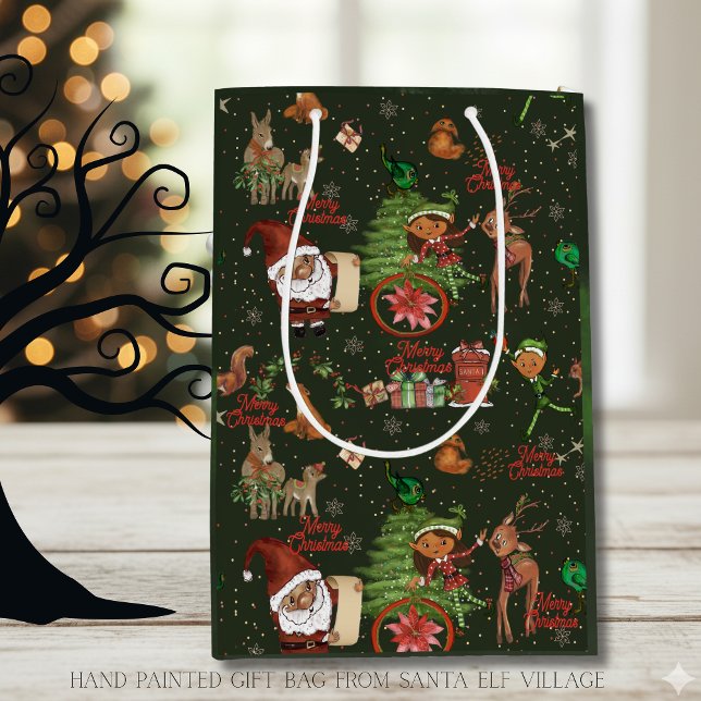 Sacola Para Presentes Média Santa & Elf Village Whimsical Holiday Gift Bag (Santa & Elf Village Whimsical Holiday Gift Bag)