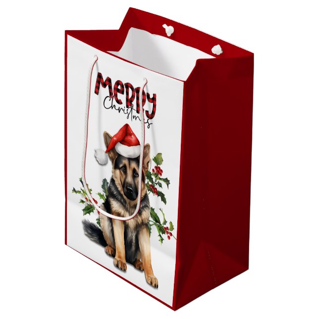 Sacola Para Presentes Média Santa Hat Holly German shepherd Puppy Natal (Frente inclinada)