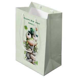Sacola Para Presentes Média Sapo com Chapéu Verde e Trevo de Três Folhas Fofo