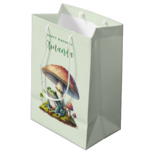 Sacola Para Presentes Média Sapo Debaixo de um Cogumelo Aniversário Fofo da Na