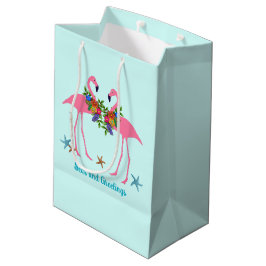 Sacola Para Presentes Média Saudações do Mar Flamingos Rosa Natal