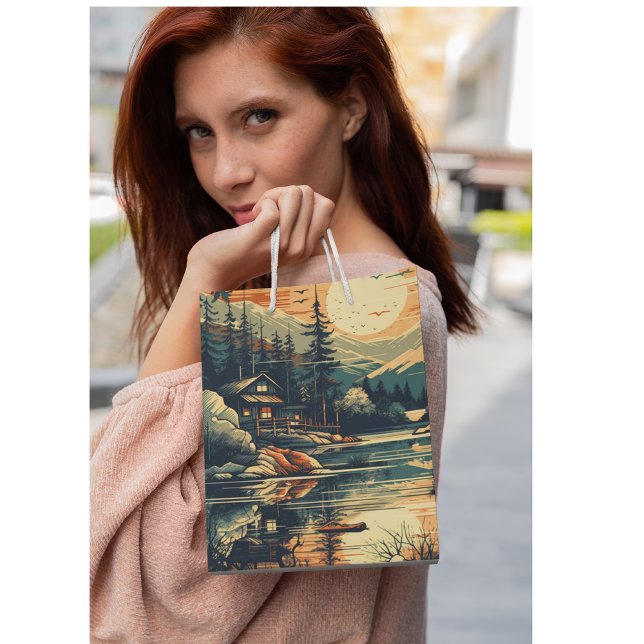 Sacola Para Presentes Média Scandinávia Retro Art Mountain Home (Criador carregado)