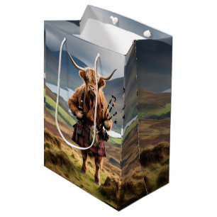 Sacola Para Presentes Média Scottish Highland Cow Bagpiper,