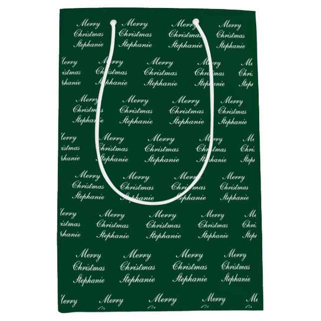 Sacola Para Presentes Média Script de Feliz Natal com Nome Personalizado (Frente)