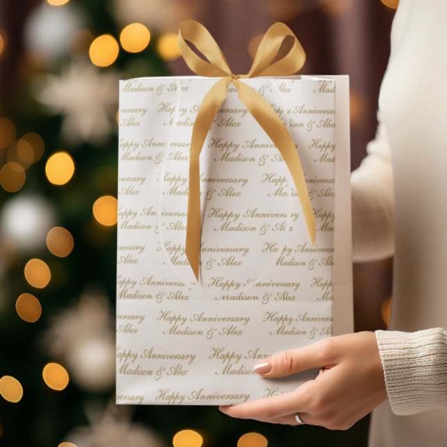 Sacola Para Presentes Média Script Feliz Aniversário com Nome Ouro Branco (Criador carregado)