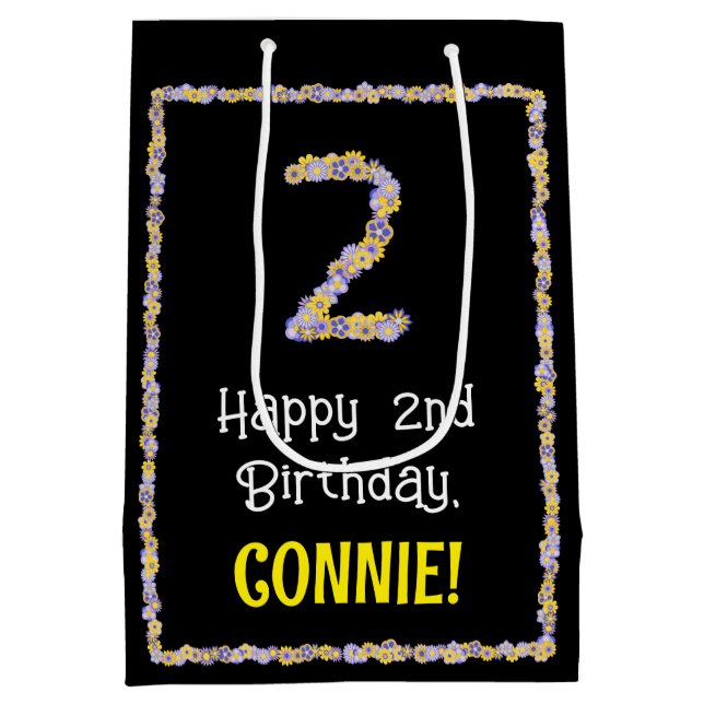 Sacola Para Presentes Média segundo aniversário: Número de Flores Florais, Nom (Verso)