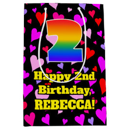 Sacola Para Presentes Média segundo aniversário: Padrão de Corações Adoráveis,