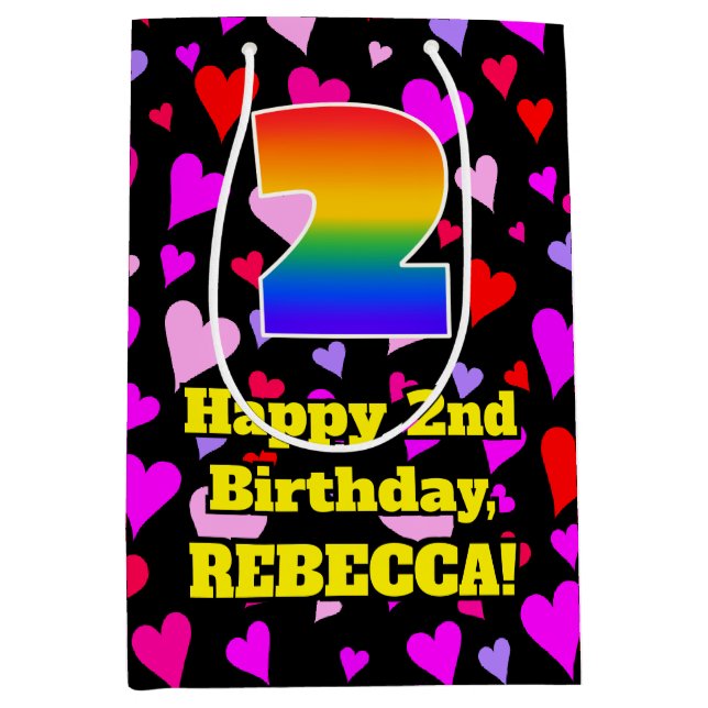 Sacola Para Presentes Média segundo aniversário: Padrão de Corações Adoráveis, (Frente)