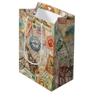 Sacola Para Presentes Média Selo de Passaporte Rústico Padrão de Viagem (5)