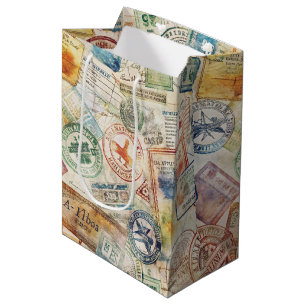 Sacola Para Presentes Média Selo de Passaporte Rústico Padrão de Viagem (6)