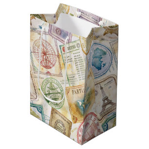 Sacola Para Presentes Média Selo de Passaporte Rústico Padrão de Viagem (8)