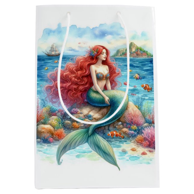 Sacola Para Presentes Média Sereia com aquarela Média com Presente (Frente)