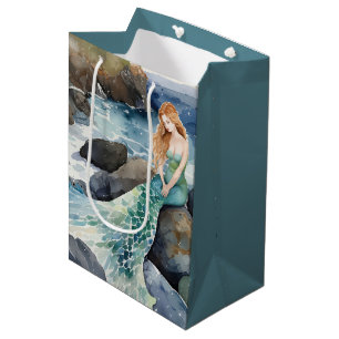 Sacola Para Presentes Média Sereia De Aquarela Em Rochas