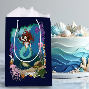 Sacola Para Presentes Média Sereia Mística Fantasia Oceânica Vida Marinha Azul