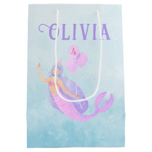 Sacola Para Presentes Média Sereia sob o mar, garota de aniversário azul