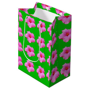 Sacola Para Presentes Média Serenidade fetal: Hibisco rosa numa Canvas verde
