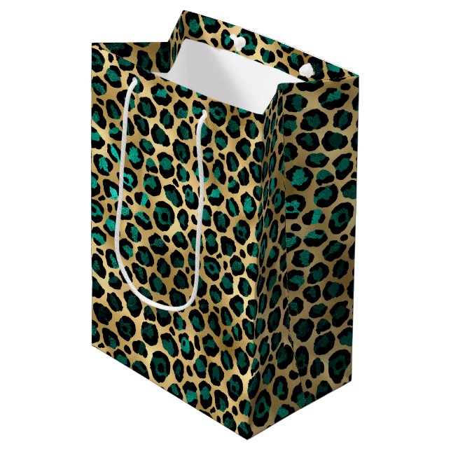 Sacola Para Presentes Média Série Teal e Dourado Leopardo Design 14  (Frente inclinada)