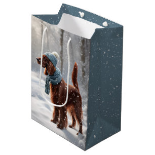 Sacola Para Presentes Média Setter Irlandês na Floresta Nevada