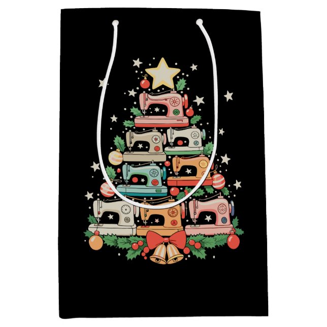 Sacola Para Presentes Média Sewing Machine Christmas Tree Stitch Knit Sew Xmas (Frente)