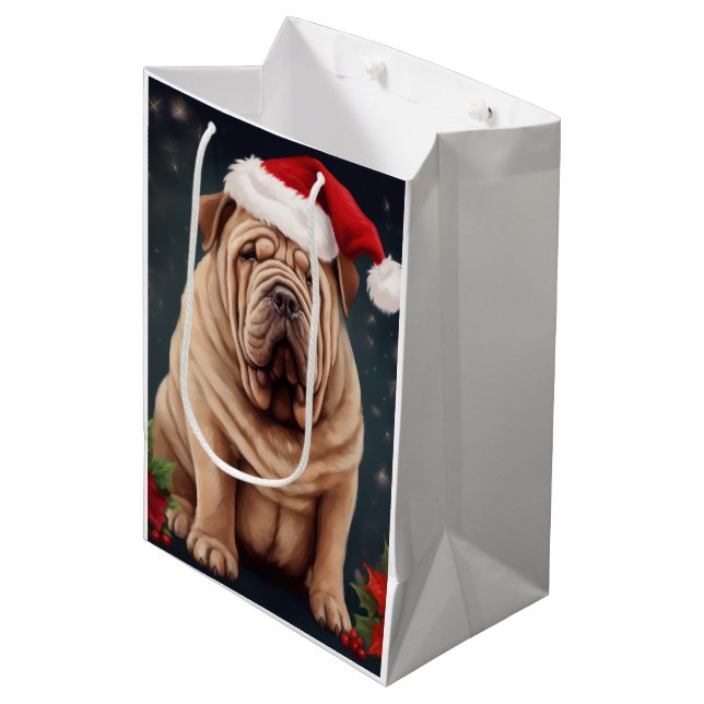 Sacola Para Presentes Média Shar Pei Dog no Natal da Neve (Frente inclinada)